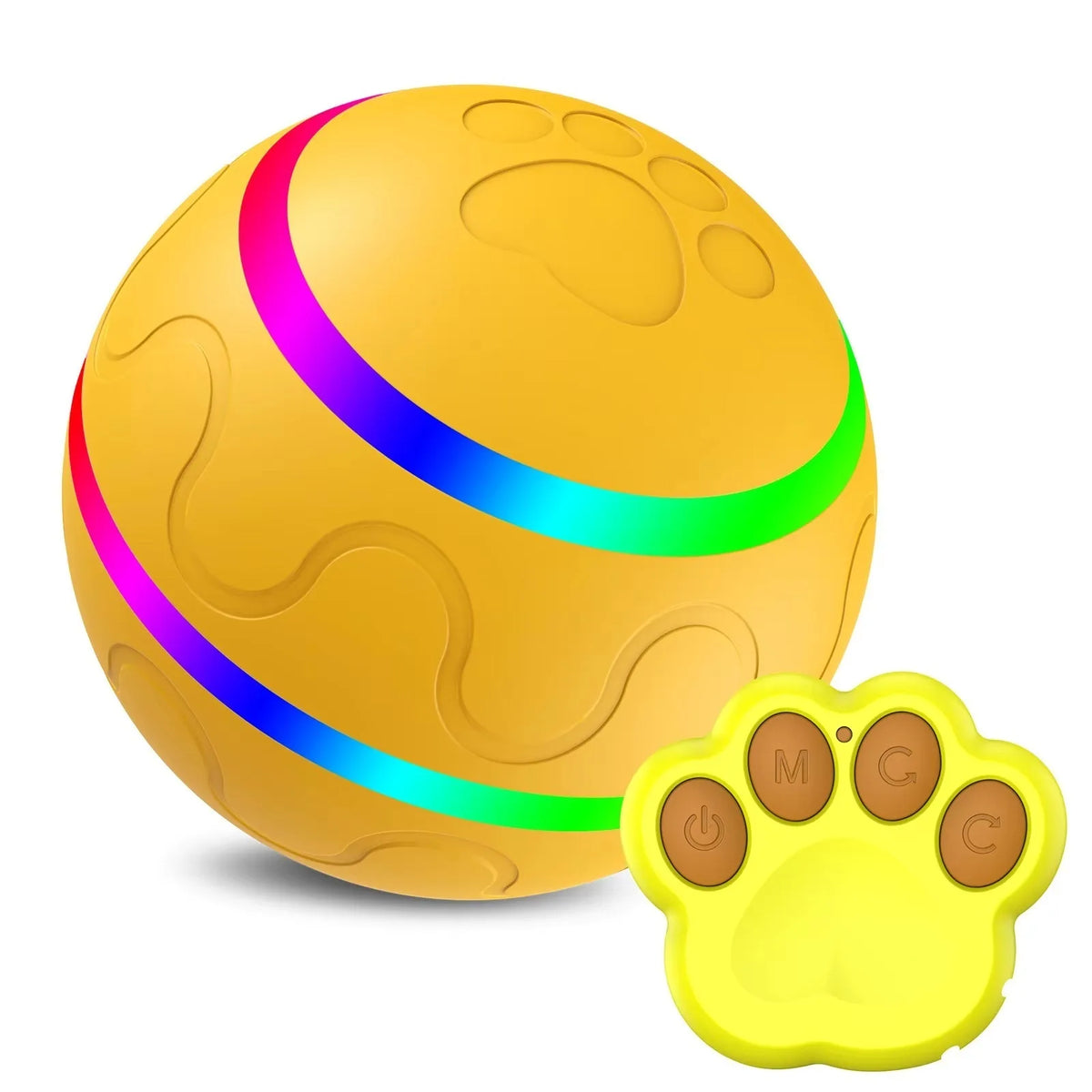 A bright yellow pet ball with glowing LED rings and a paw print design.
