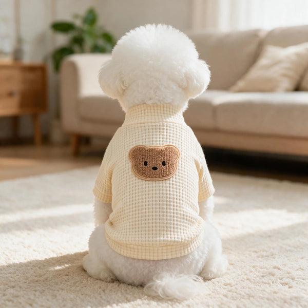 A white poodle wearing a light yellow waffle knit dog t-shirt with a brown bear embroidery, sitting on a cream rug.