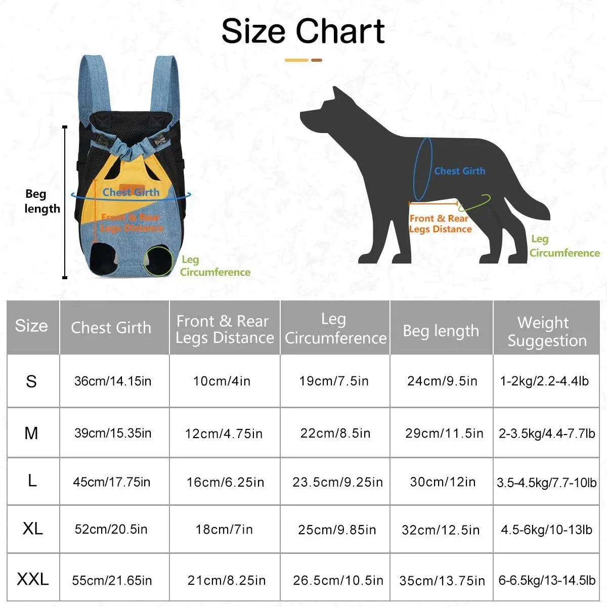 Size chart showing dimensions for S to XXL pet carrier backpacks, including chest girth and leg circumference.