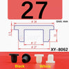Four silicone rubber hole plugs in black and white are shown with a dimensioned diagram.