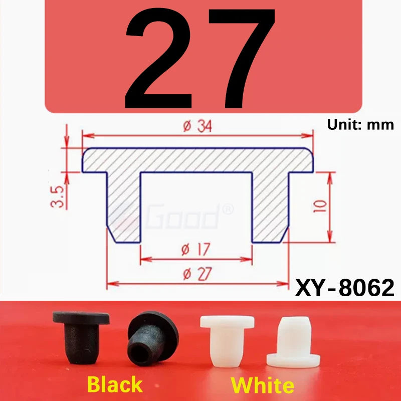 Four silicone rubber hole plugs in black and white are shown with a dimensioned diagram.