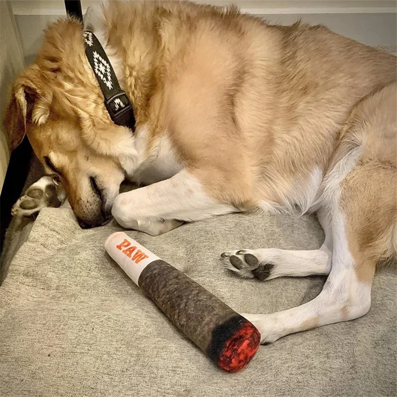 Cigar-Shaped Squeaky Plush Dog Toy for Interactive Play and Teeth Care