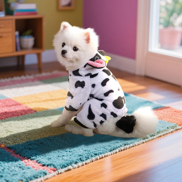 A fluffy white dog wearing a warm and cozy cow print costume with a hood, lying on a colorful rug.