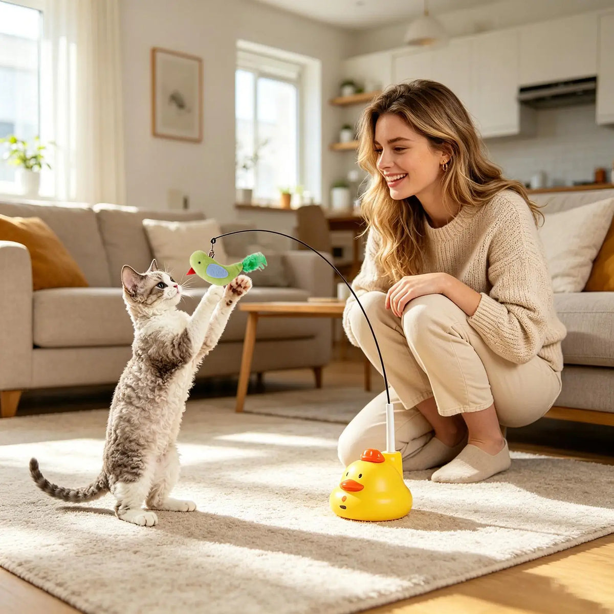 A woman is sitting on a sofa while a cat plays with a green feather toy on the floor.