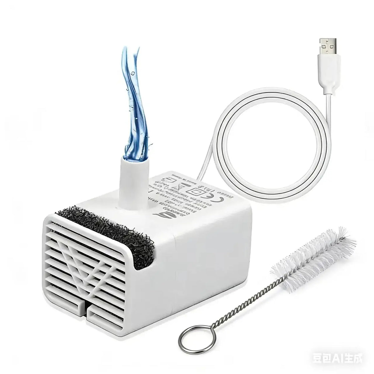 A white replacement pump for cat water fountains is shown with a cleaning brush and a USB cable.