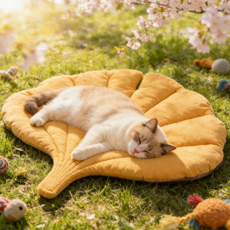 A fluffy white cat is sleeping on a yellow leaf-print pet cushion outdoors in a grassy area.