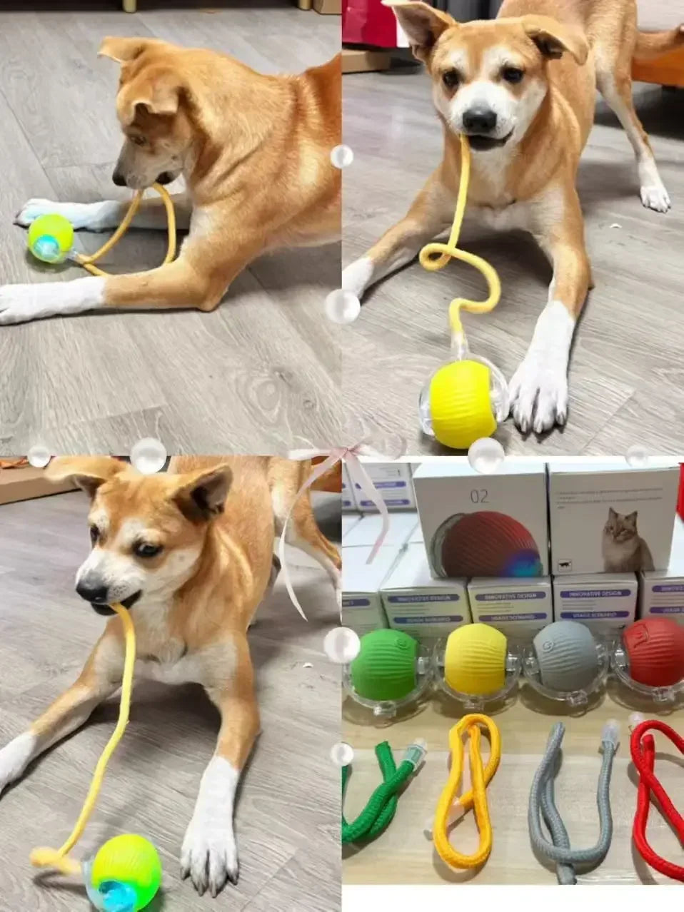 A collection of smart self-rolling cat ball toys and obstacles, including yellow, green, and red balls.