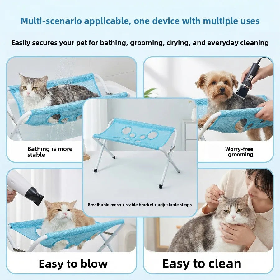 A foldable pet bathing stand is shown being used for washing, grooming, drying, and cleaning cats and dogs.