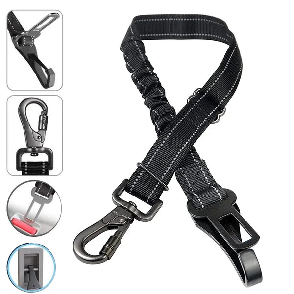Adjustable reflective dog car seat belt featuring a buckle and strap for securing pets in a vehicle.