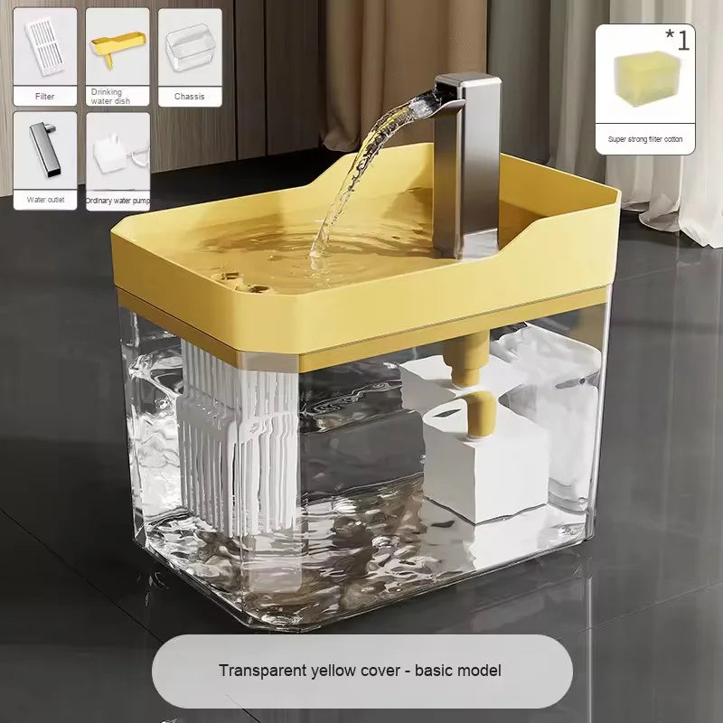 A transparent yellow automatic cat water fountain with a filter and a glass bowl is shown on a dark surface.