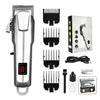 A grooming kit for pet hair featuring a silver clipper, various combs, and accessories.