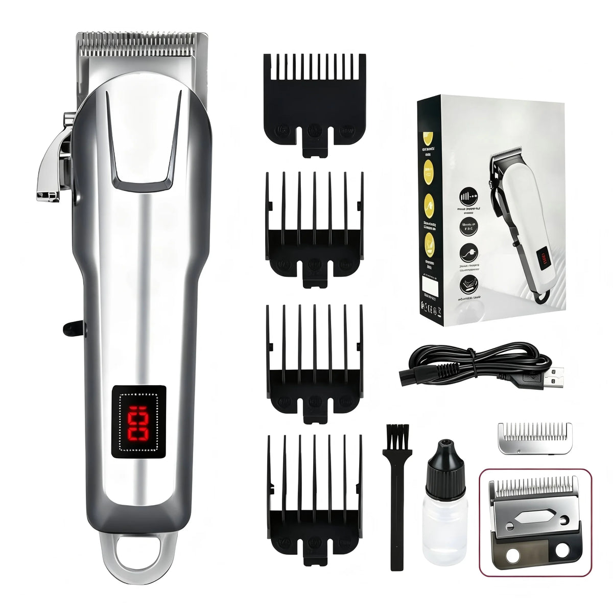 A grooming kit for pet hair featuring a silver clipper, various combs, and accessories.