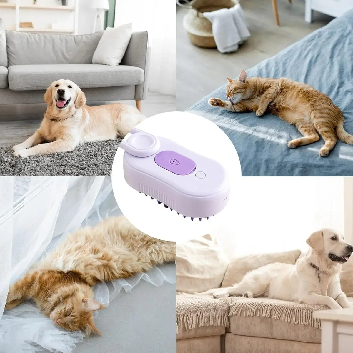A purple self-cleaning cat grooming brush is shown alongside various cats and dogs being groomed.