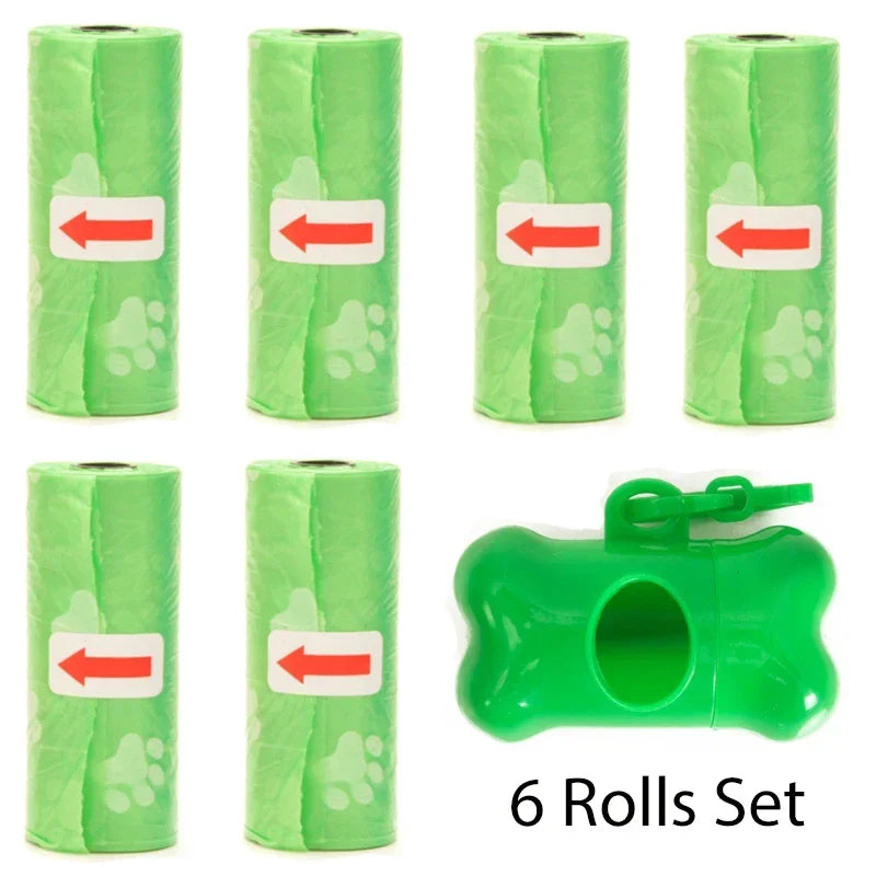 A set of six reusable green pet poop bag dispensers with leash clips.