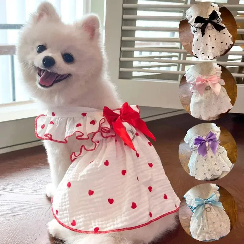 A fluffy white dog wearing an elegant summer pet dress with red polka dots and a red bow