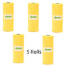 Five yellow rolls of reusable pet poop bags with green arrows indicating direction.