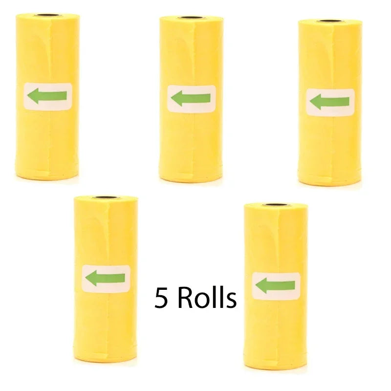 Five yellow rolls of reusable pet poop bags with green arrows indicating direction.