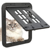 A gray cat is looking through a dark gray magnetic mesh screen door with a flap.