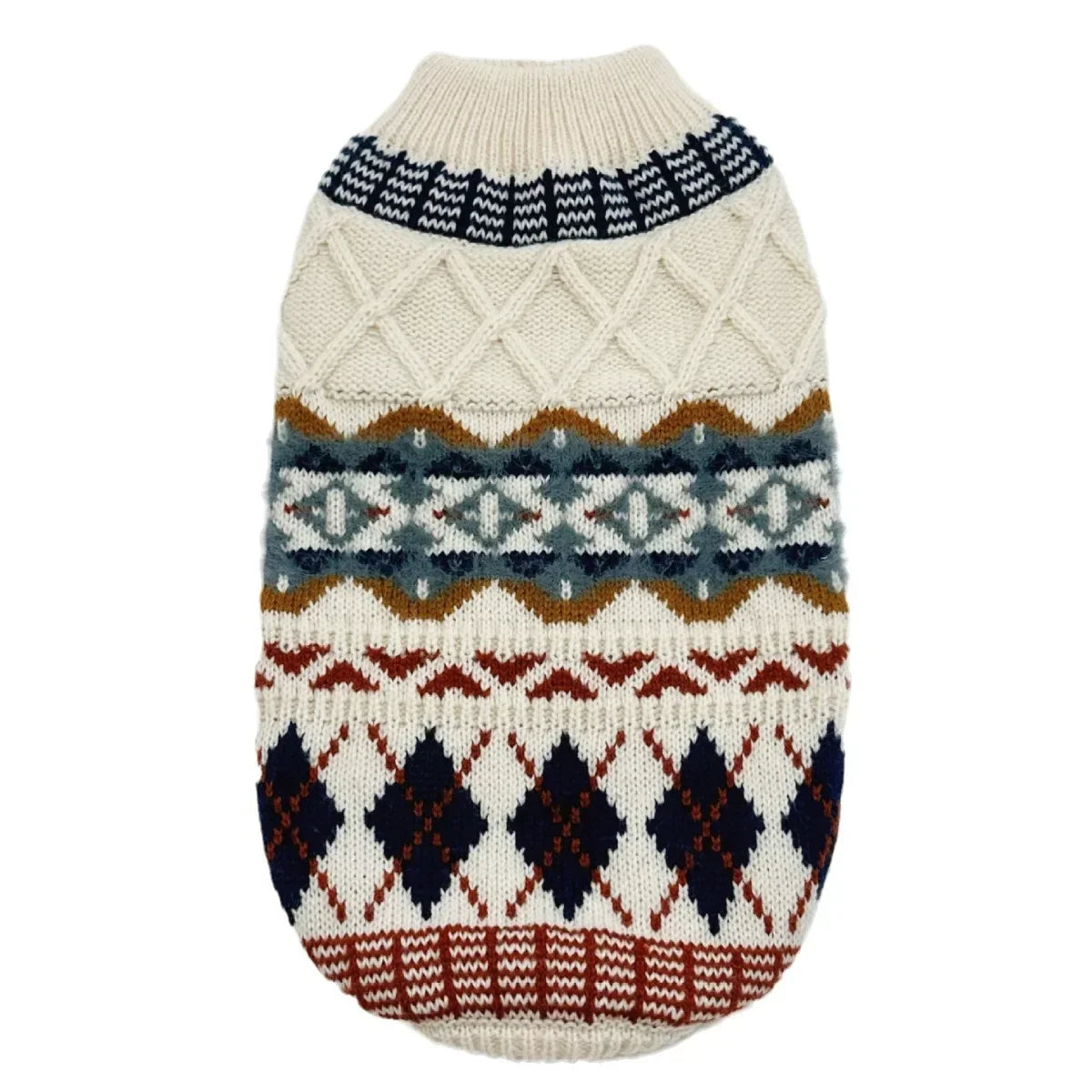 A beige knit pet sweater featuring geometric patterns in navy blue, brown, and gray.