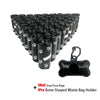 A large quantity of black roll poop bags and one bone-shaped waste bag holder are displayed.