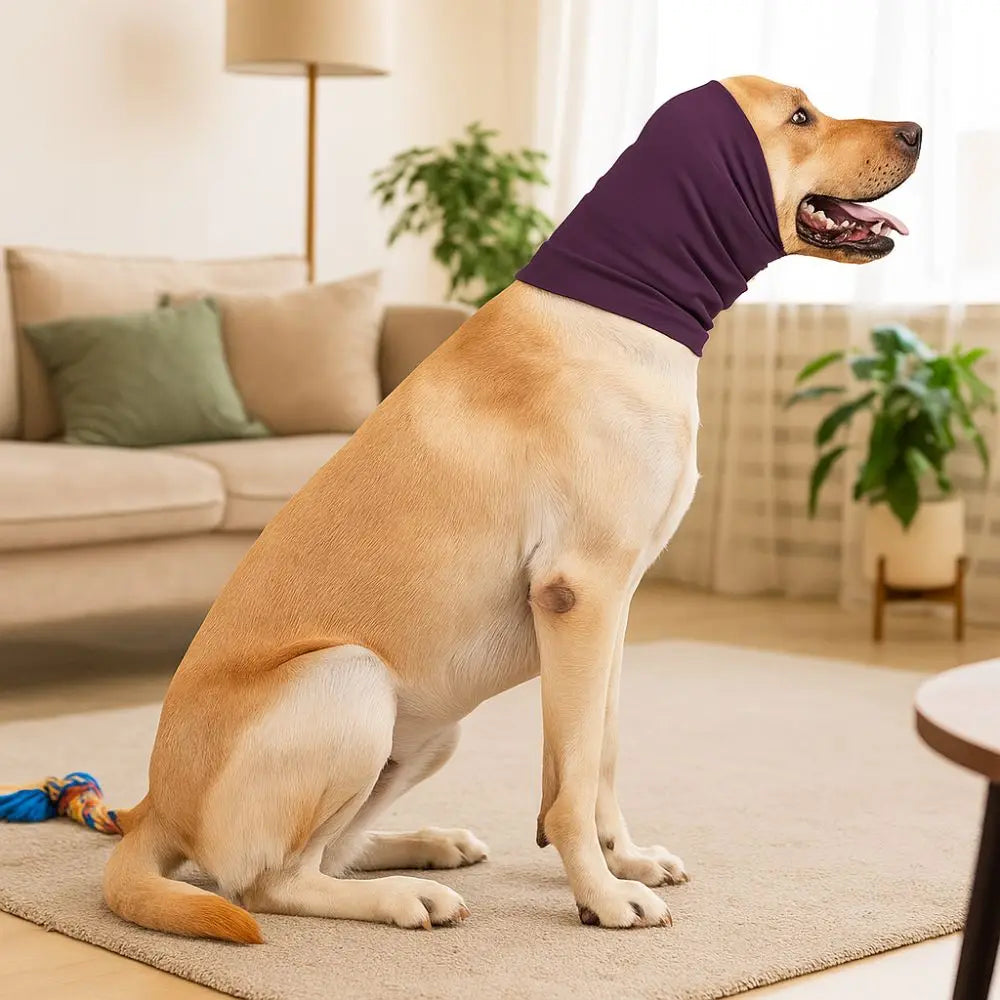 Ein hellbrauner Hund trägt eine lila beruhigende Ohrendämpfung und sitzt auf einem beigen Teppich drinnen.