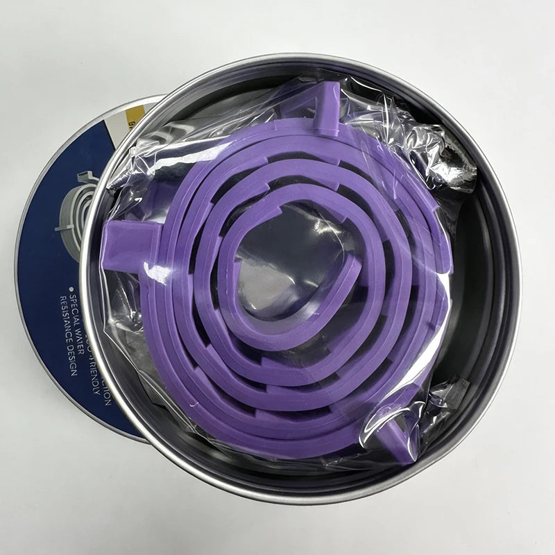 A purple pheromone collar for cats and dogs is shown inside a silver container.