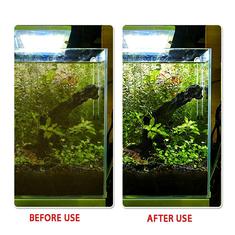 Vorher-Nachher-Bilder eines ausziehbaren Aquarium-Algen-Schrapers zur Reinigung von Fischbecken.