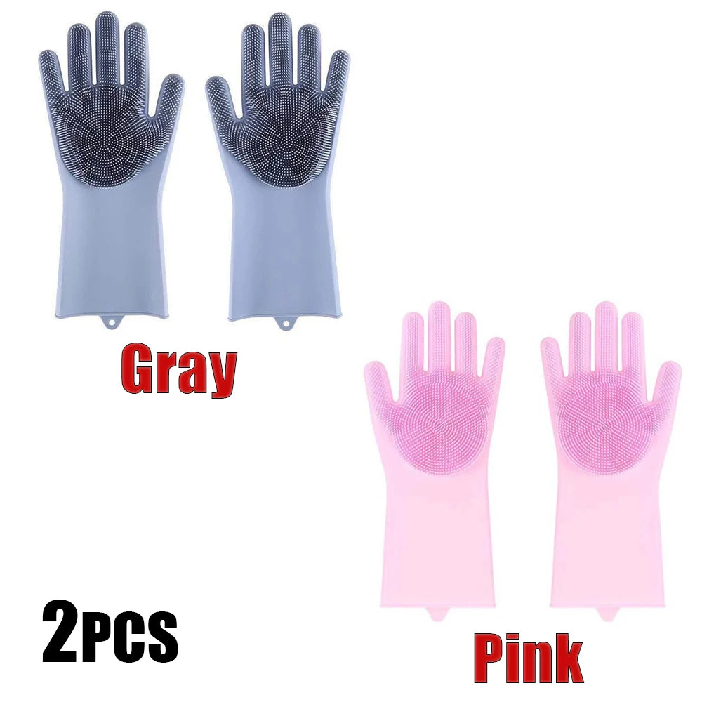 Two pairs of silicone pet bathing gloves, one gray and one pink, showing the palm side with grooming teeth.