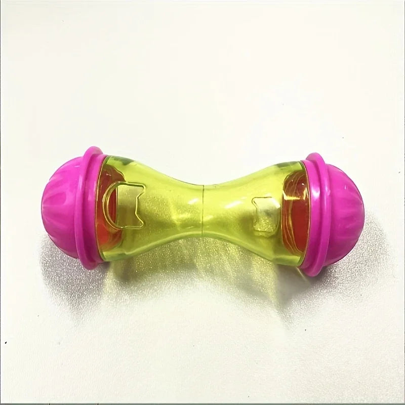 Juguete de pelota de plástico rosa brillante y amarillo para mascotas, con forma de cuenco para alimentar.