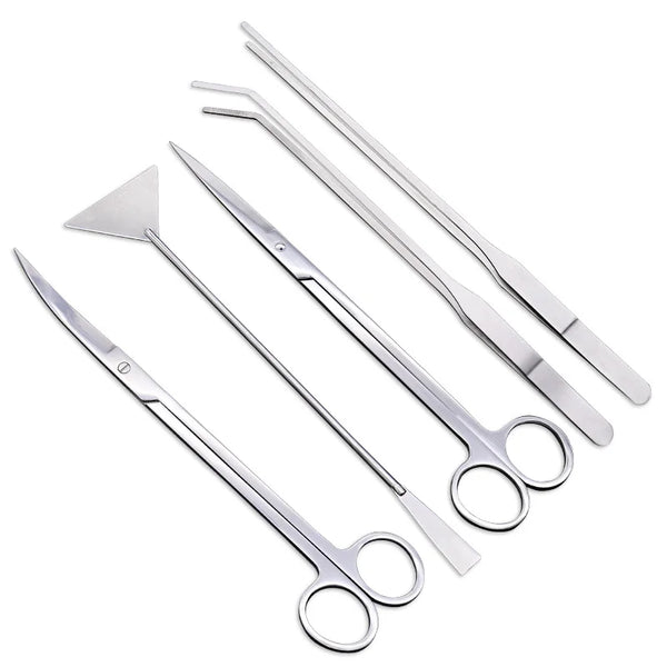 Stainless steel aquarium tool set including tweezers, scissors, and a shovel