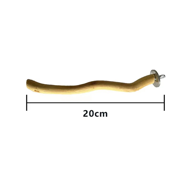 A natural wood bird perch and chew toy, shaped like a curved stick, with a metal attachment at one end.