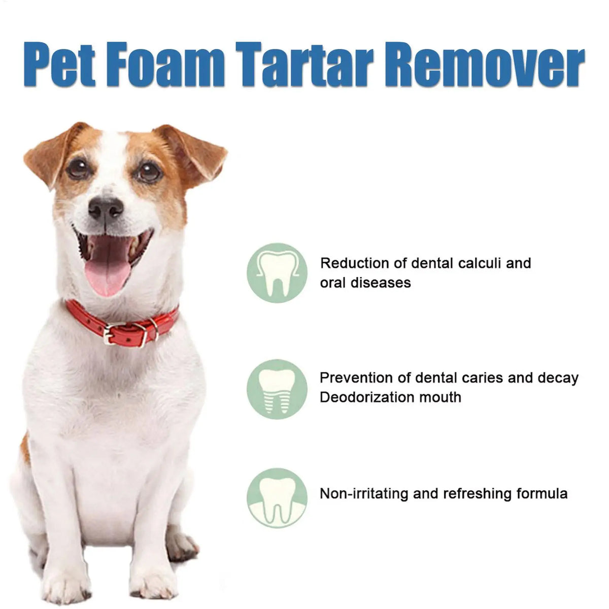 A happy dog looking at the camera next to a bottle of Pet Foam Tartar Remover