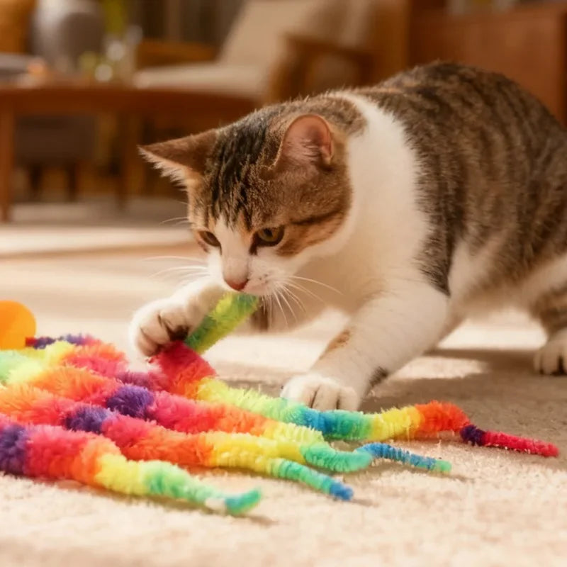 A tabby cat is playing with a colorful, flexible caterpillar-shaped toy on a light carpet.