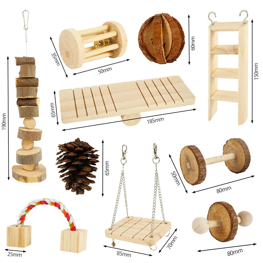 Natural Wood Chewing Toy Set for Small Pets
