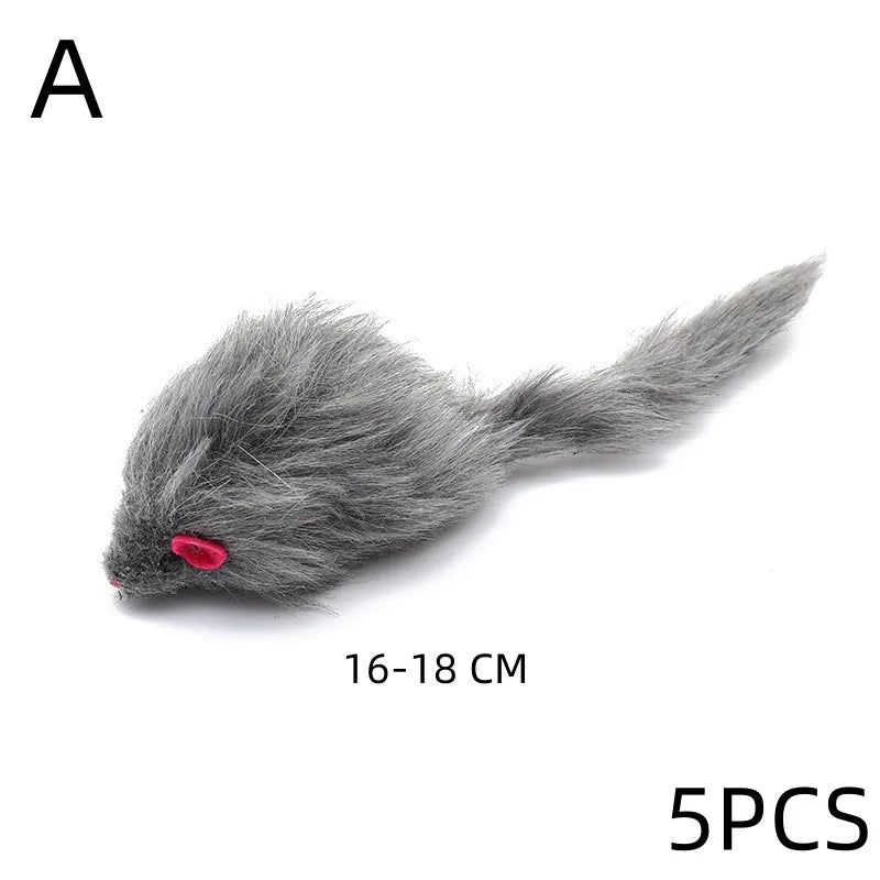 A gray plush simulation mouse cat toy with a pink nose, shown from the side.