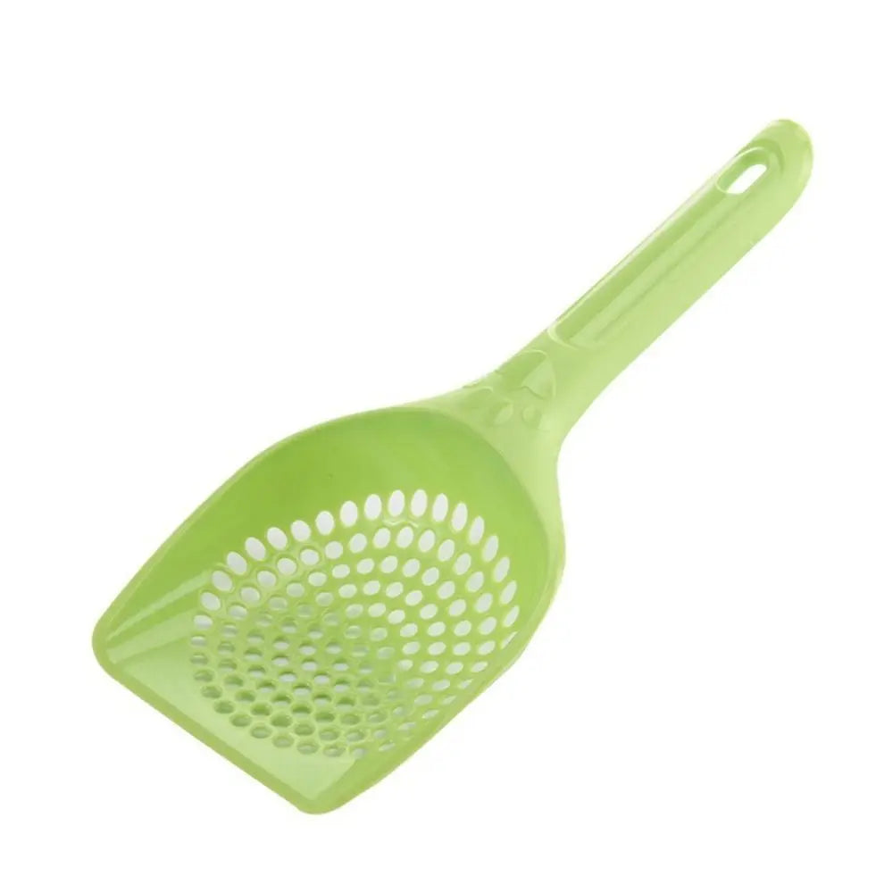 A bright lime green durable cat litter scoop with a perforated sifting mesh and a handle.