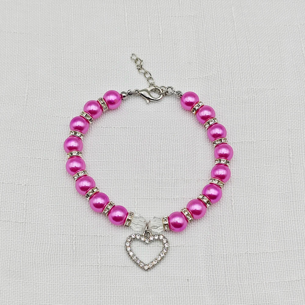 Pearl Pet Necklace with Heart-Shaped Rhinestone Pendant