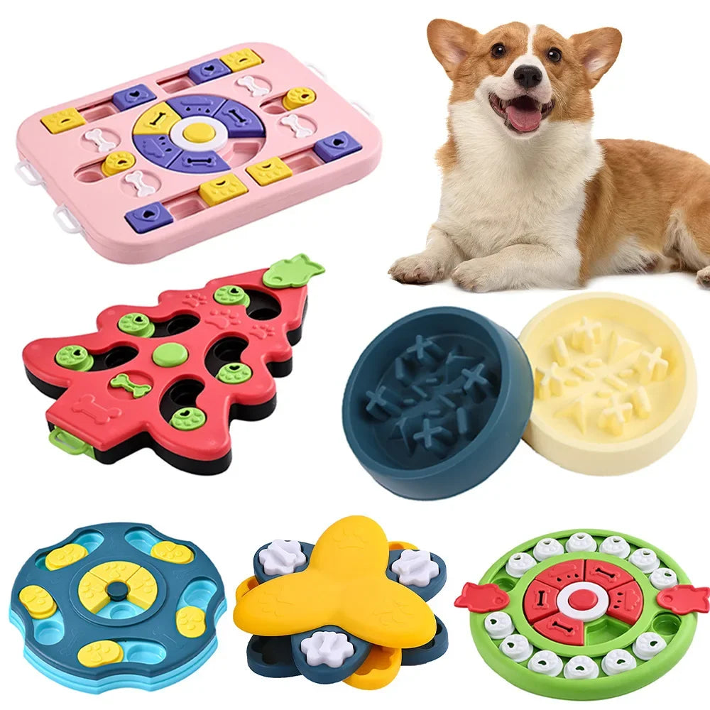A collection of colorful interactive puzzle slow feeder bowls for dogs and cats, including silicone and plastic designs.