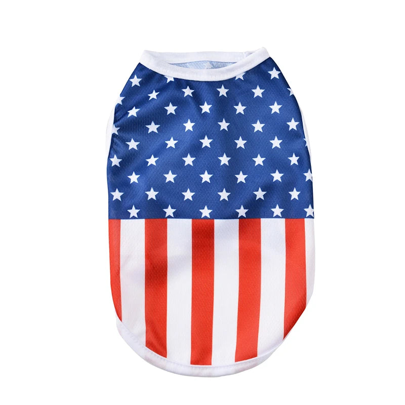 A patriotic Independence Day dog vest featuring the American flag design with stars and stripes.