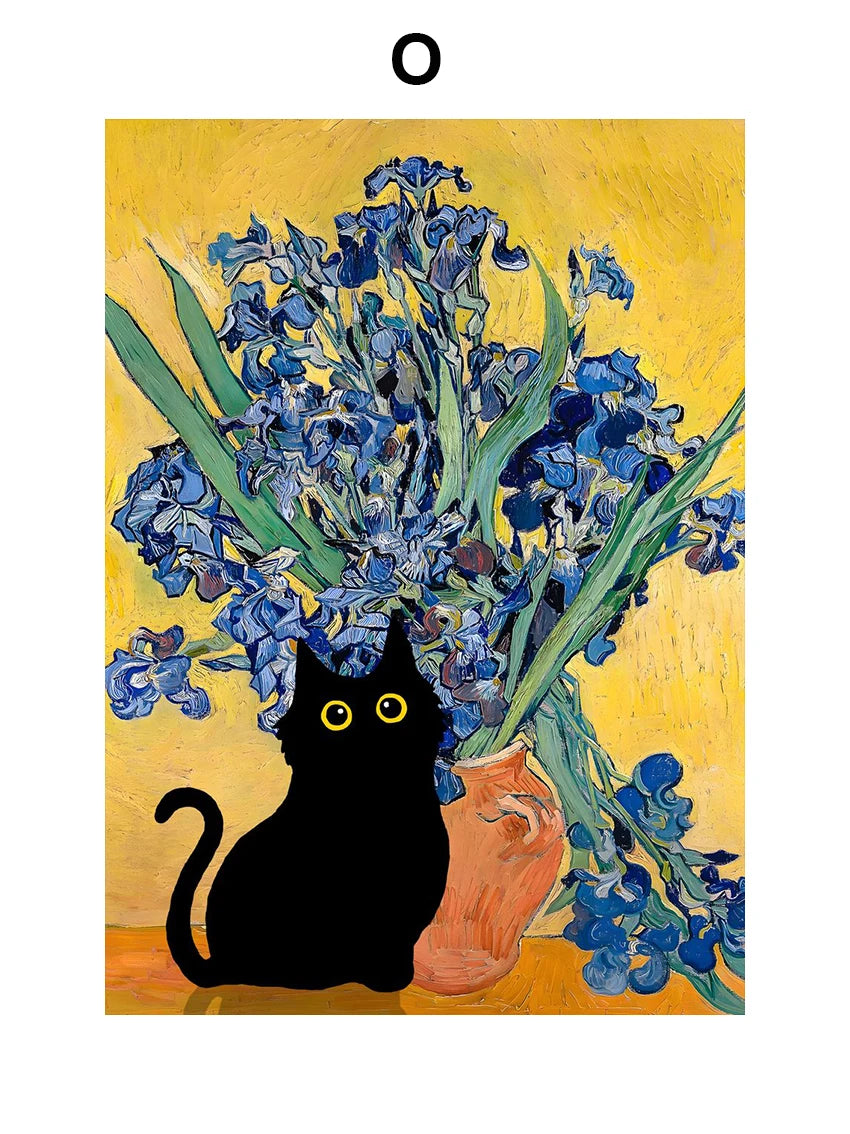 A black cat sits in front of a vibrant yellow background, surrounded by a bouquet of blue flowers.