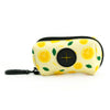 A yellow lemon print dog collar with black neoprene padding and a silver clasp.