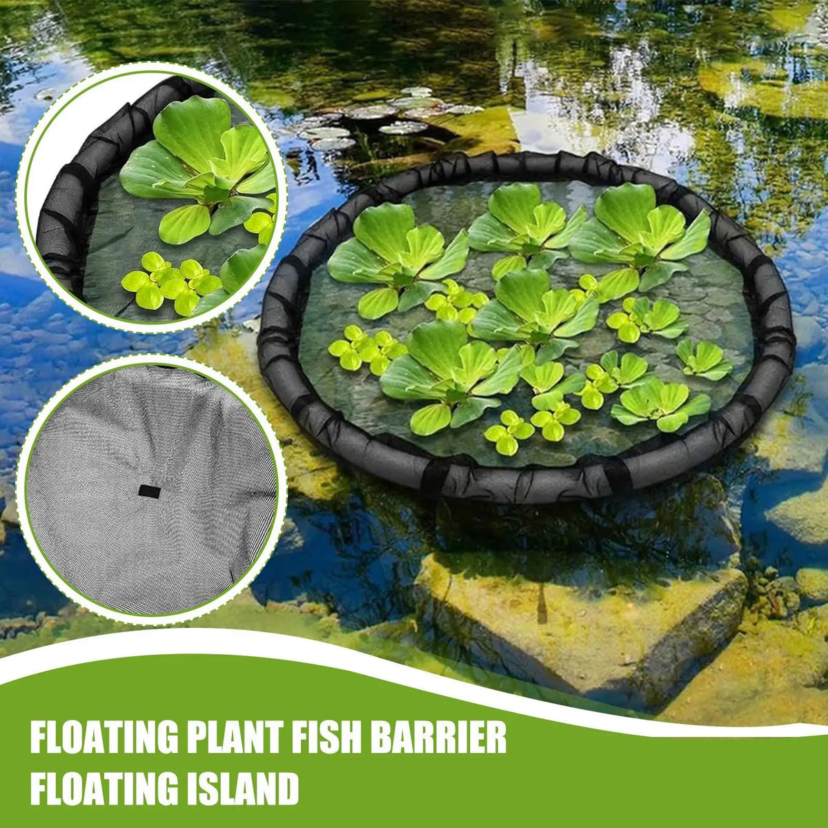 A floating plant fish barrier ring with green aquatic plants visible in the water.