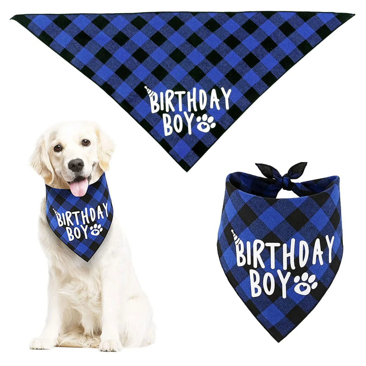 Blue plaid dog birthday party set featuring a bandana and bow tie with the text Birthday Boy