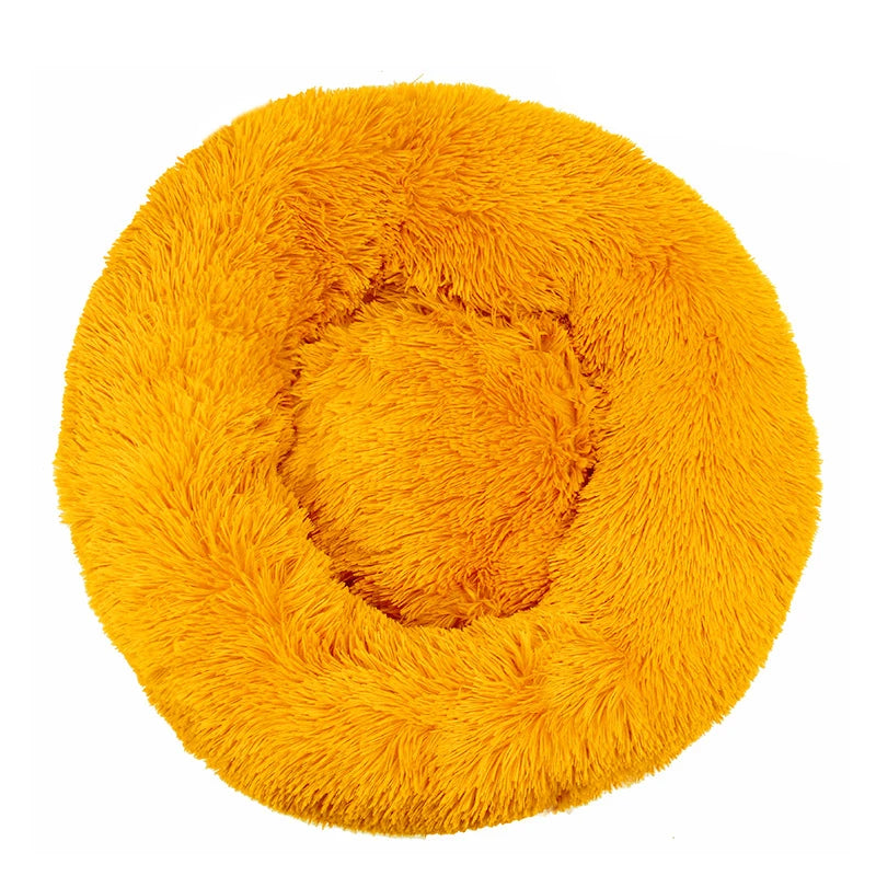 Round orange plush pet bed for dogs and cats