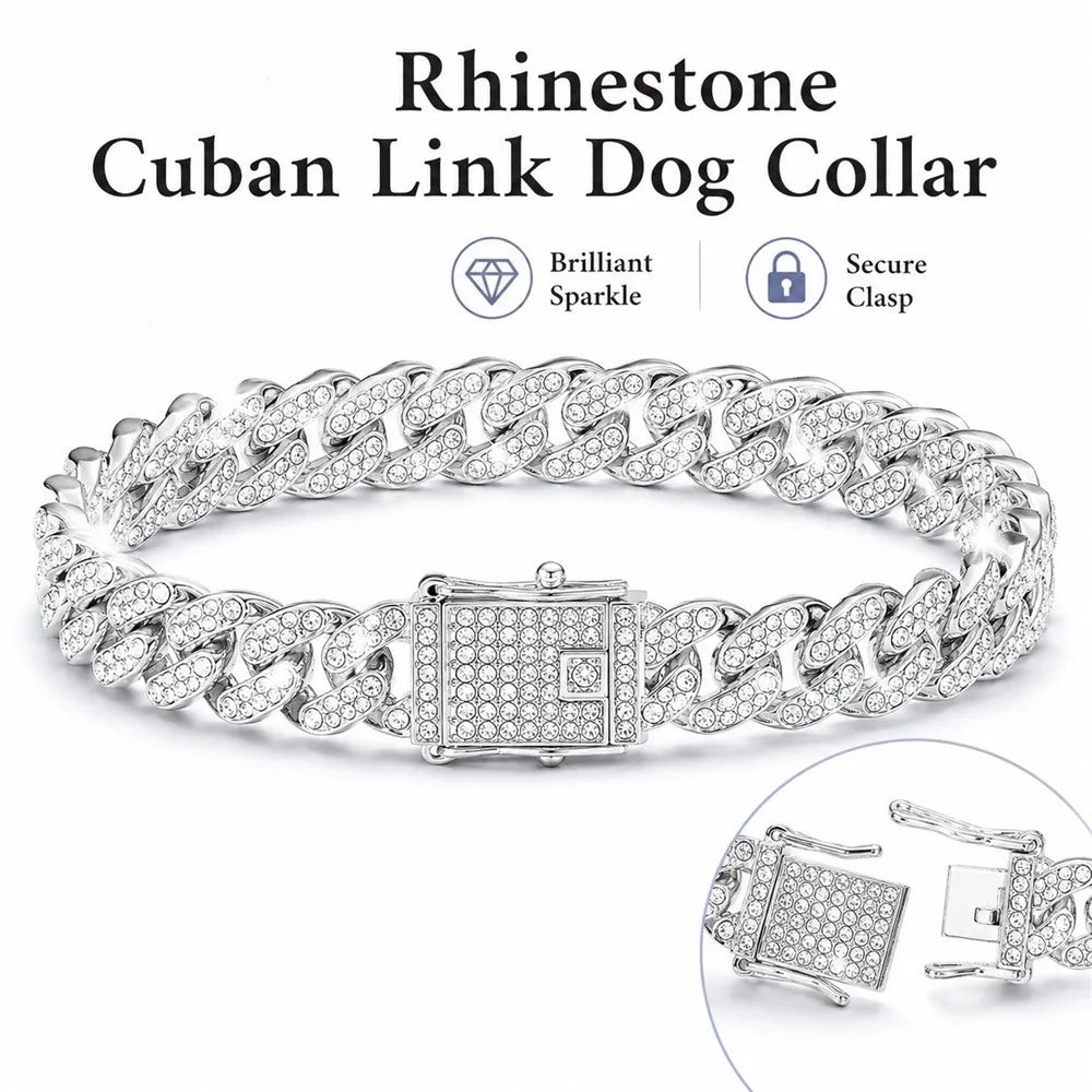 Silberner Strass-Cuban-Kettenhalsband für Hund mit sicherer und separater Schnalle