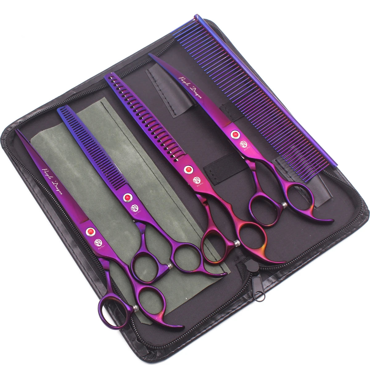 A set of professional stainless steel pet grooming scissors and a comb in purple and silver within a dark pouch.