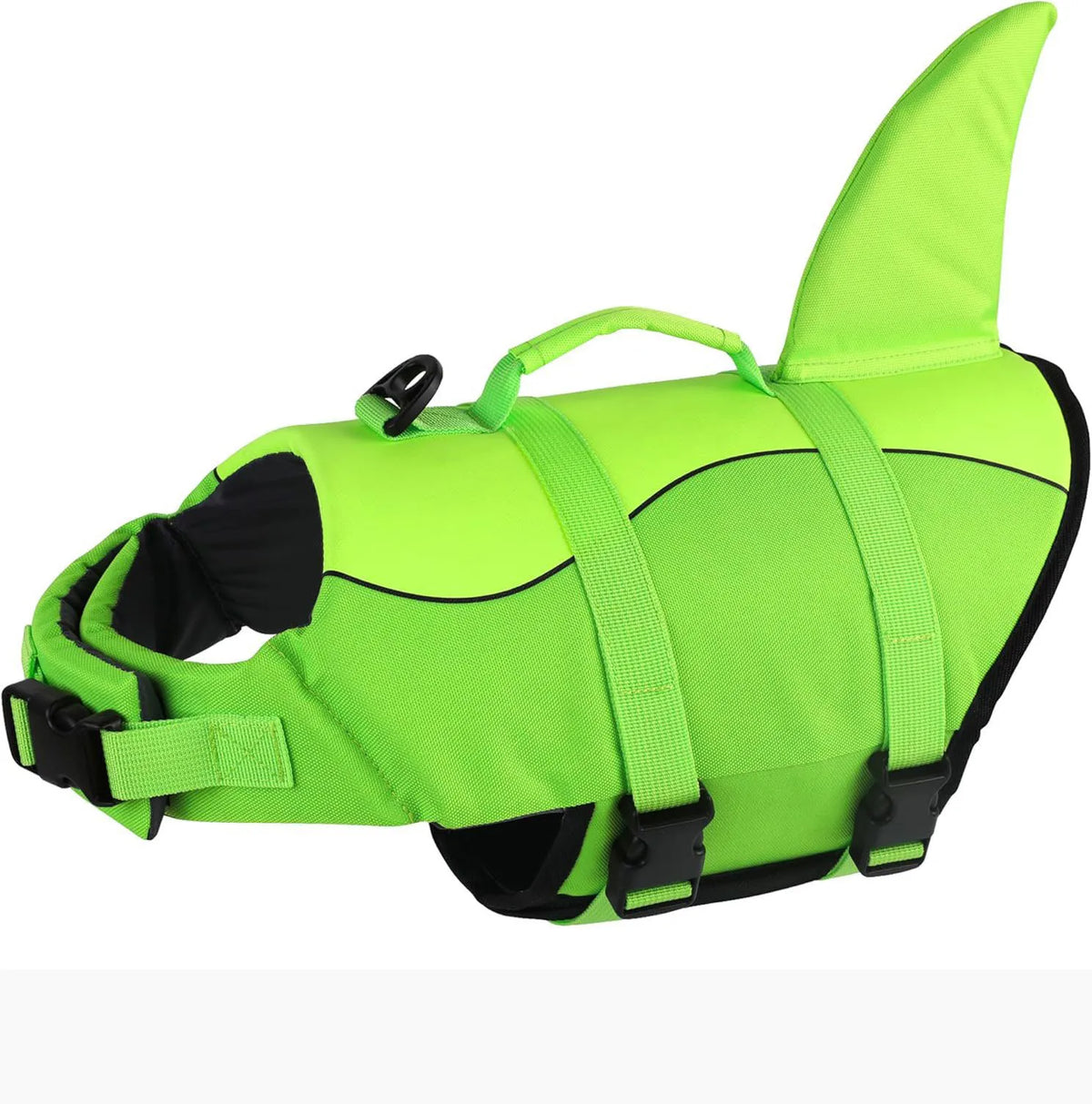 Neon lime green dog life jacket for swimming with black accents