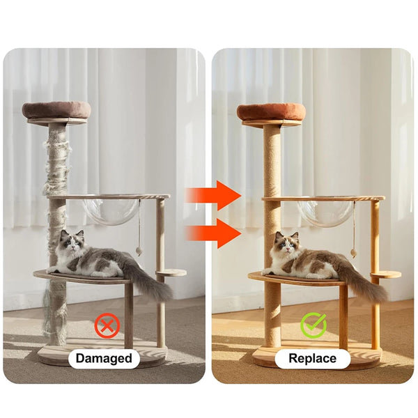 Comparison showing a damaged sisal scratch post and a replacement sisal scratch post for a cat tree.