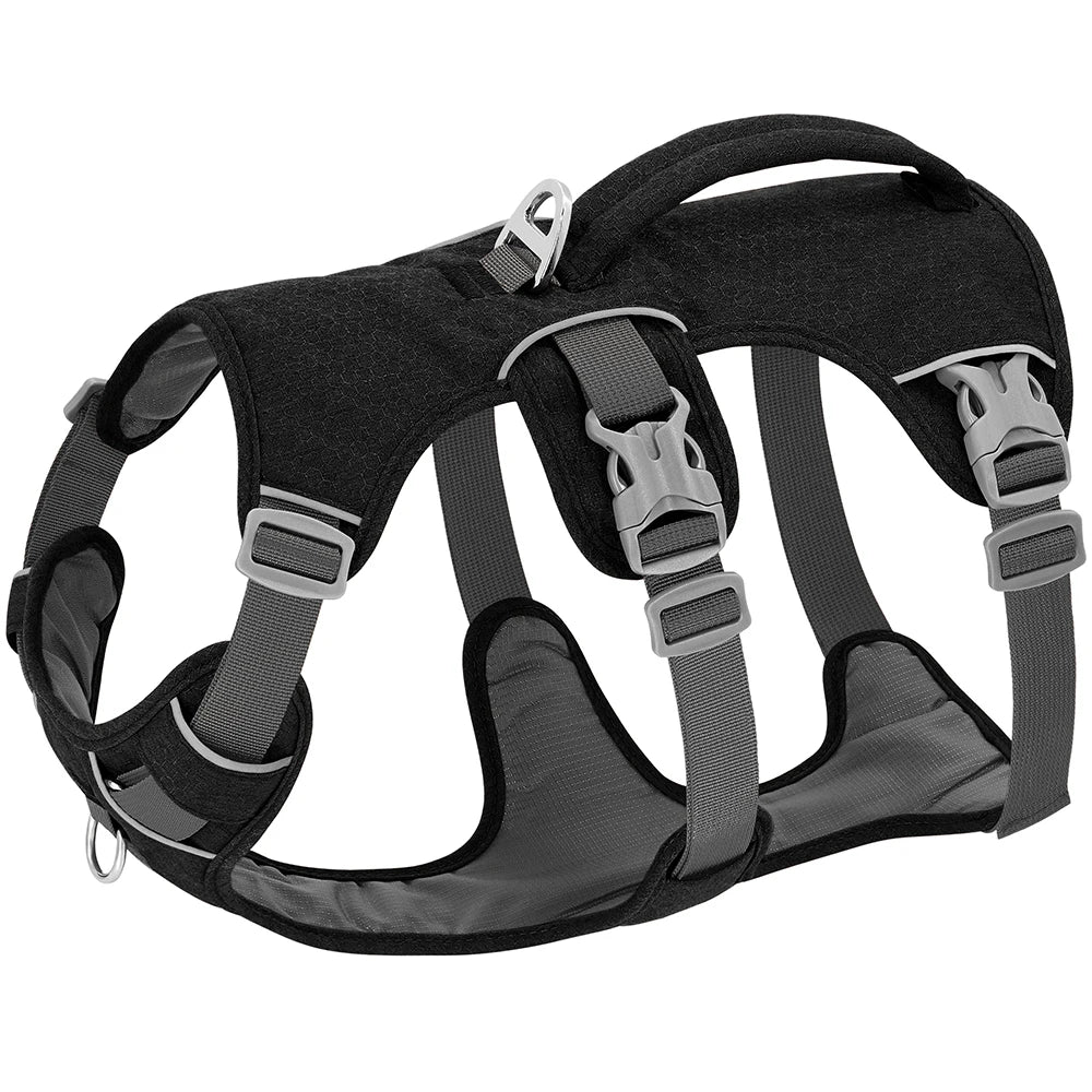 Schwarzes reflektierendes Nylon-Hundgeschirr mit Griff, von oben gezeigt