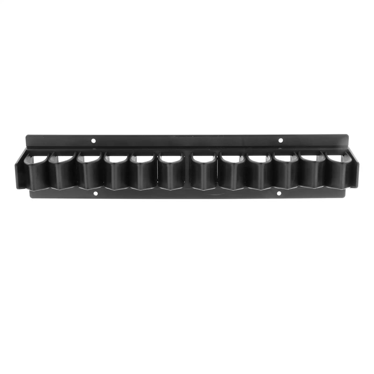 Black wall-mounted whip organizer rack with multiple cylindrical slots for storage